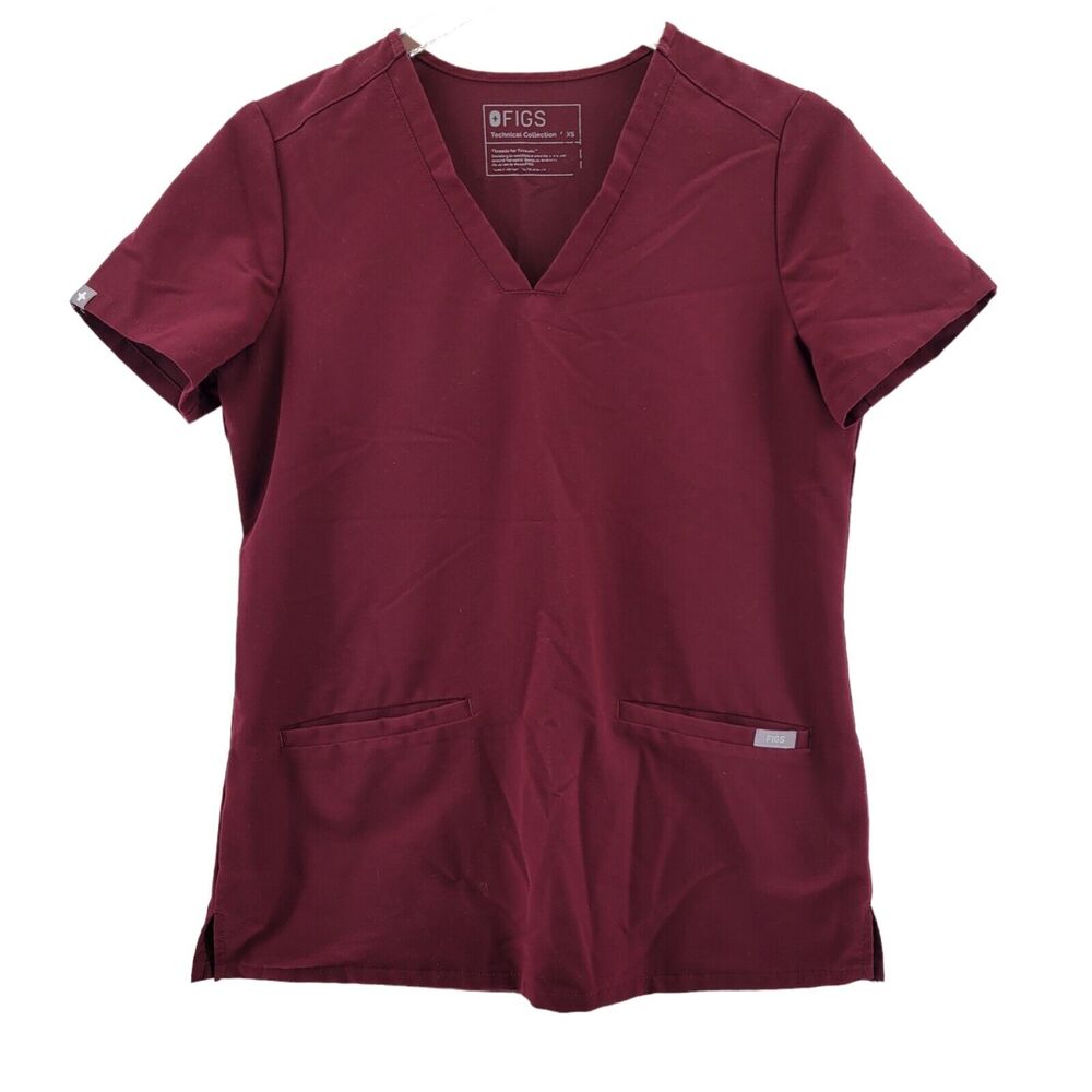 Figs Casma‎ Scrub Top Womens Size XS Burgundy Red V-Neck Short Sleeve